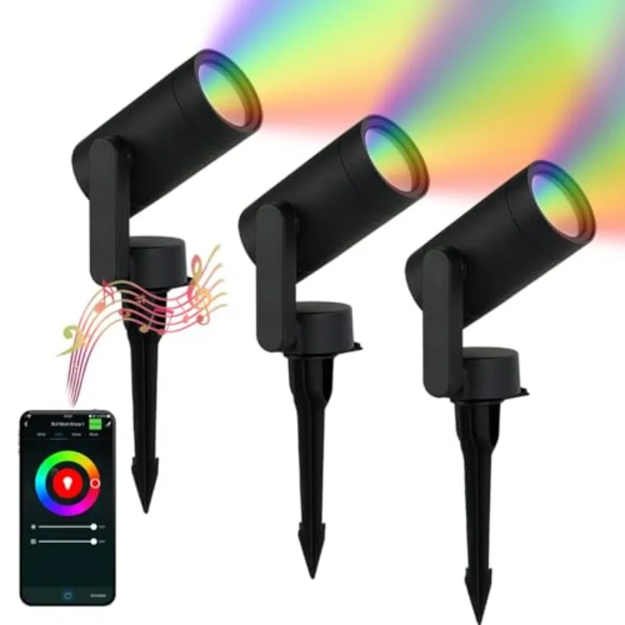 【Nuevo modelo】Iluminación inteligente para paisajes, paquete de 3 luces LED RGBW que cambian de color con control por aplicación, foco impermeable para exteriores, foco para patio