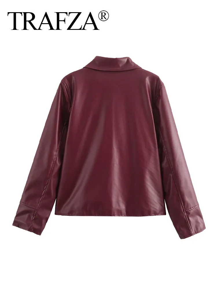 TRAFZA 2024 Woman Autumn Casual Loose Jacket Coats Women Lapel Zipper Long Sleeve Pockets Design Red Wine Coats Streetwear