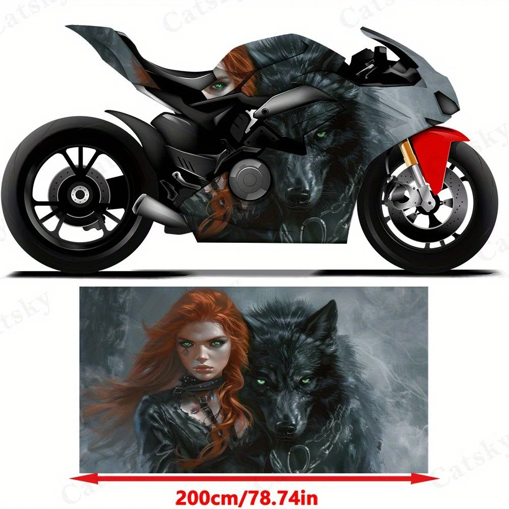 Dark Witch and Spirit Wolf Motorcycle Film Stickers, Durable PVC Adhesive Decals for Motorcycle Customization, Weather-Resistant