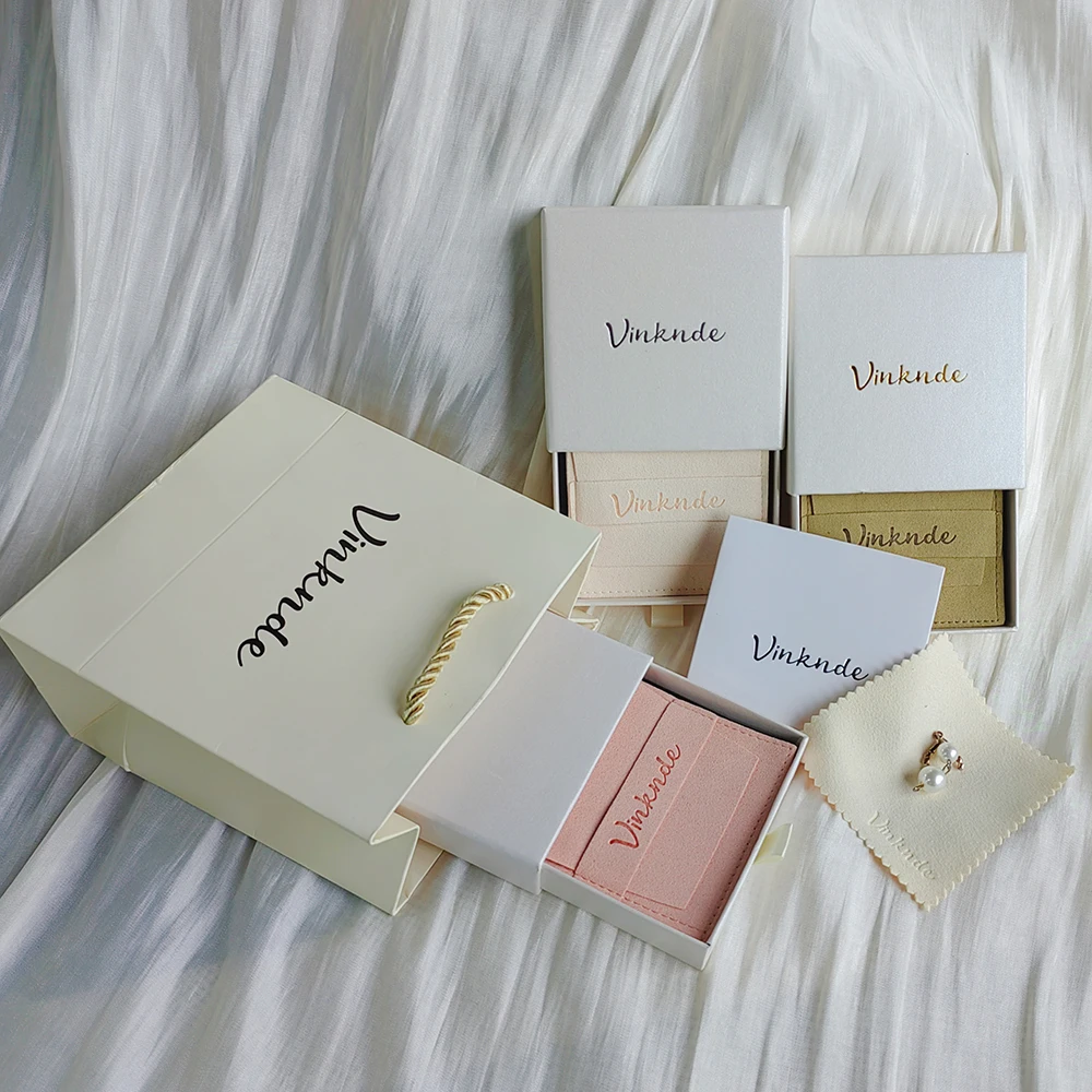 

Beige Custom Logo Jewelry Box Set with Microfiber Pouch Paper Tote Bags & Polishing Cloth - Birthday Wedding Valentine Gift Bag