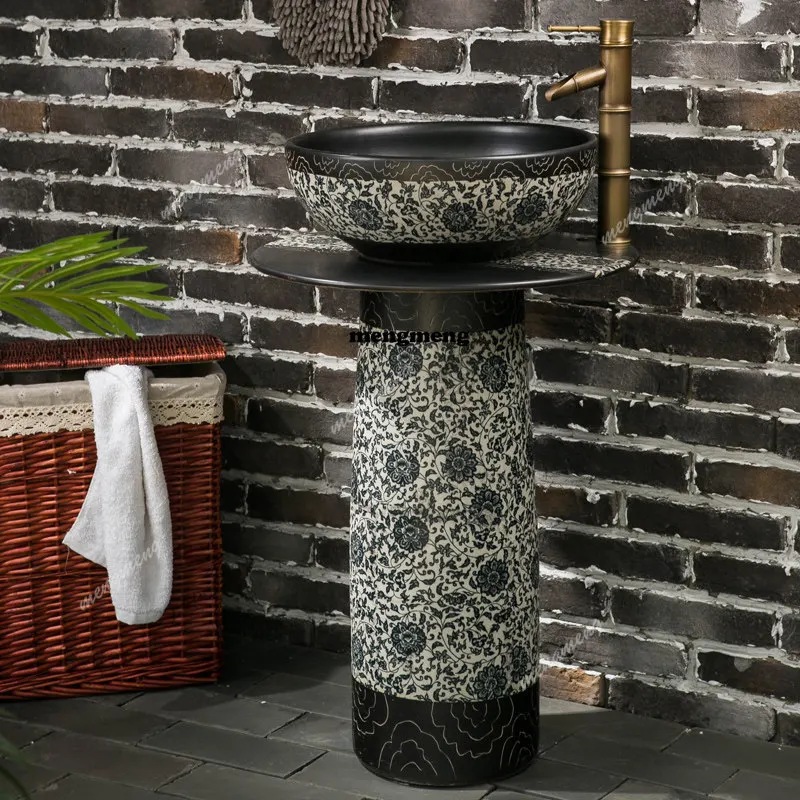Blue and white column basin room outdoor washbasin integrated column type, courtyard pool pillar basin