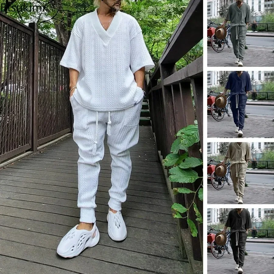 New2026 Men's Casual Pants Sets Knitted Two Pieces Suit Sets Male V-Neck Tops And Pants Slim Streetwear Jacquard Sweater Outfits