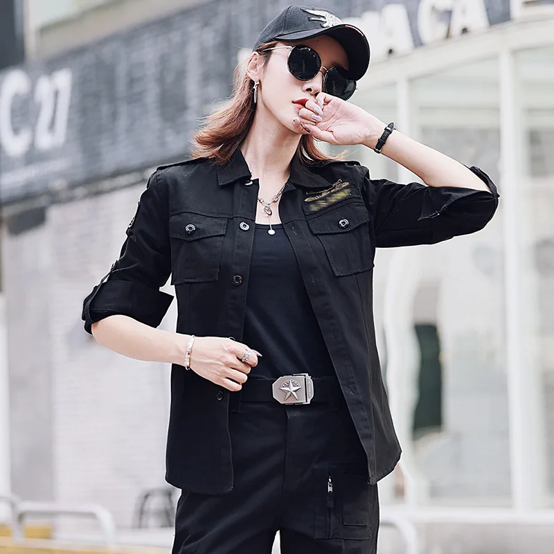 New Women Military Tactical Shirts Long Sleeve Cotton Army Cargo Shirts Chest Pockets Women\'s Casual Work Shirt