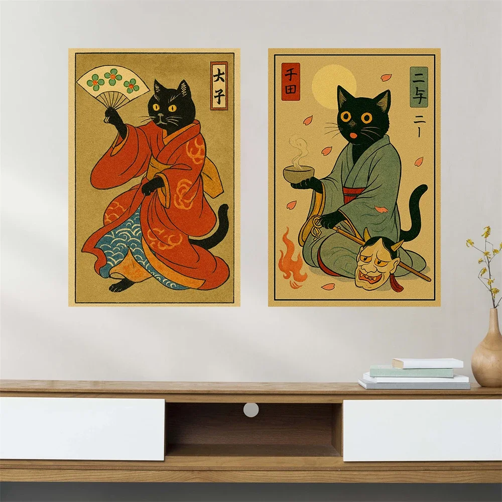 (No frame)Japanese Cat Satin Art Print Poster Ukiyo-e Style Vintage Wall Decor Japanese Ukiyo-e Cat Poster Vintage Canvas Pai