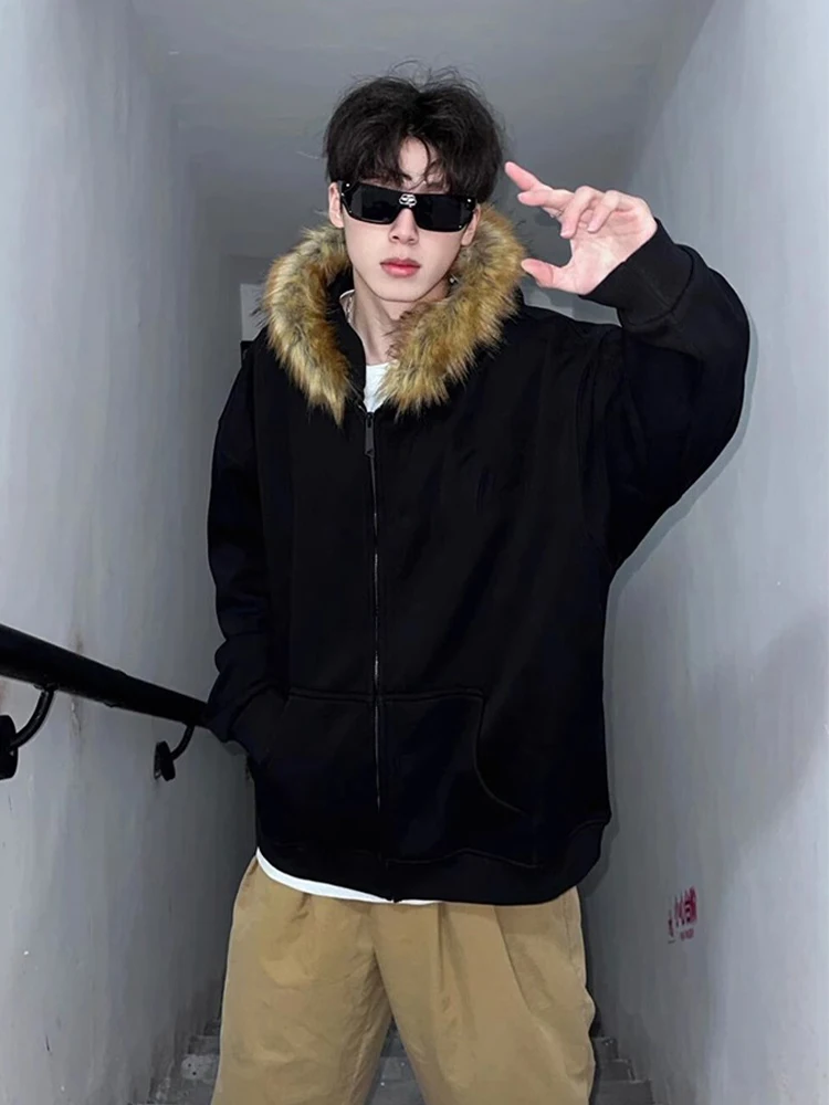 

American Retro Hooded Open Cardigan Sweatirt Men's Sle Autumn Winter High Street Heavyweight Trendy Streetwear Jaet