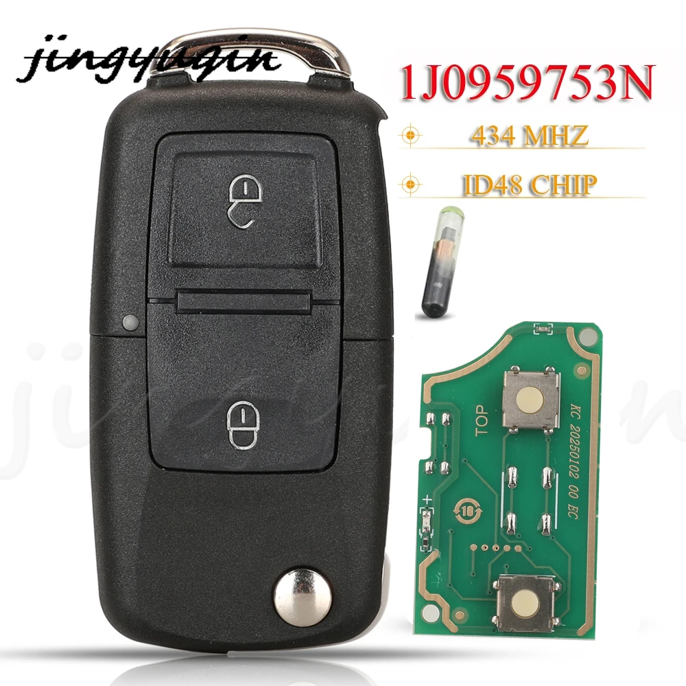 Jingyuqin 2 Buttons Smart Remote Car Key Fod 434MHZ ID46 Chip 1J0959753N For VW Volkswagen Beetle Bora Polo Golf Passat