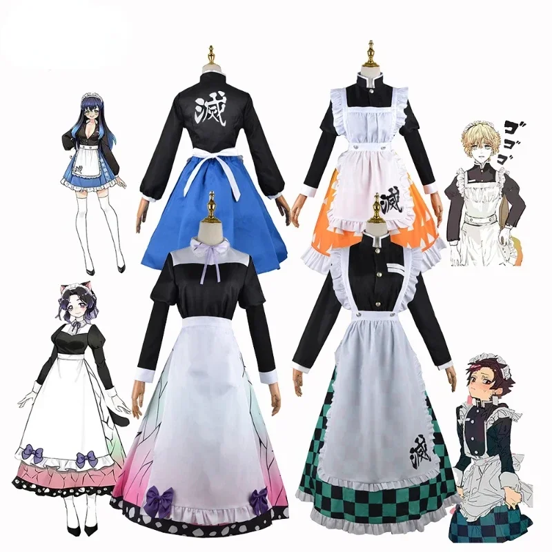 Inosuke Shinobu Tanjiro Zenitsu Demon Slayer Cosplay Costume Maid Dress Sets Kimono Role Playing Adults Unisex