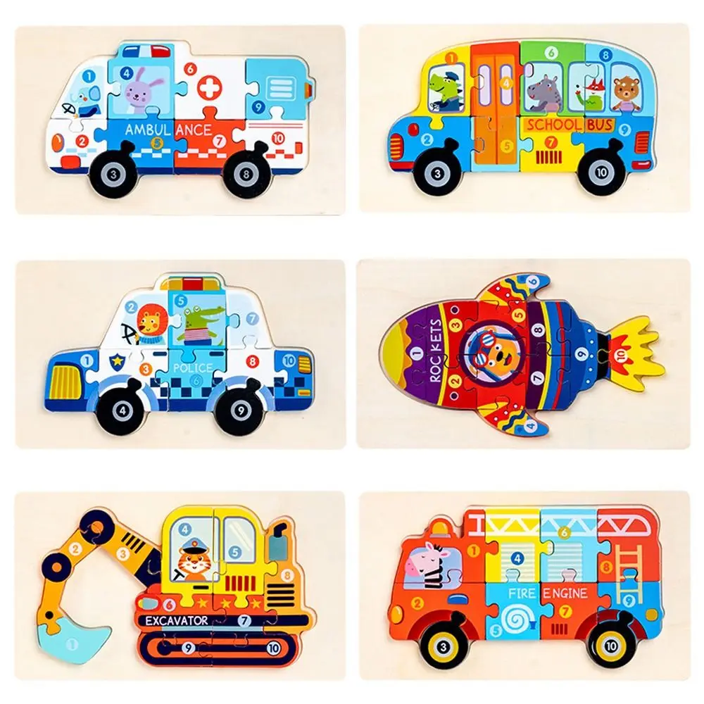 3D School Bus Police Ambulance Animal Early Education Toy Kids Wooden Puzzle Toy Intelligence Game Puzzle Vehicle Jigsaw