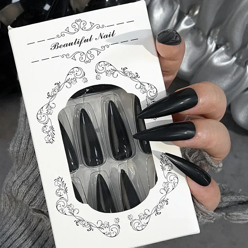 

24pcs Long Stiletto French Fake Nails Glossy Black Press On Nail Tips DIY Detachable Mechanical Full Cover Nail Arts
