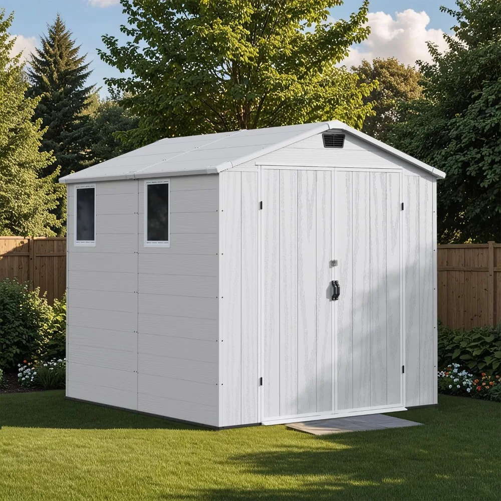 

6x8 FT Outdoor Storage Shed with Floor - Resin Tool Shed with Lockable Door & 2 Windows, for Garden, Backyard, Sheds & Storage