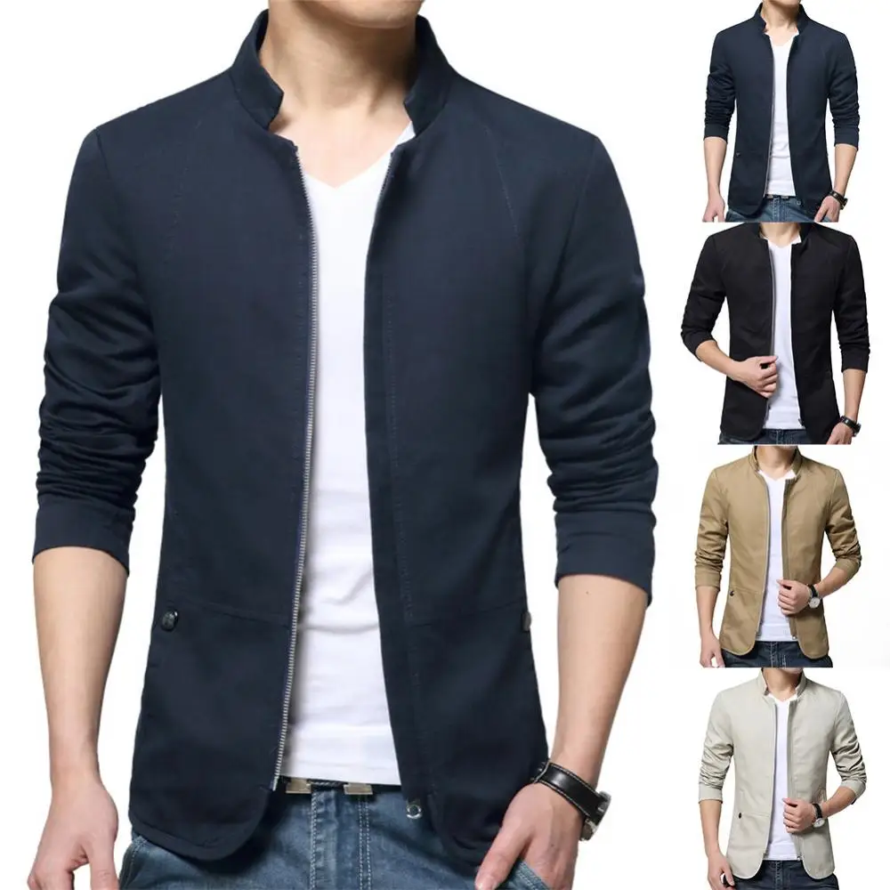 Casual Men Blazer Spring Autumn Stylish Business Casual Jacket Solid Color Stand Collar Zipper Pockets Thin Slim Blazer Coat