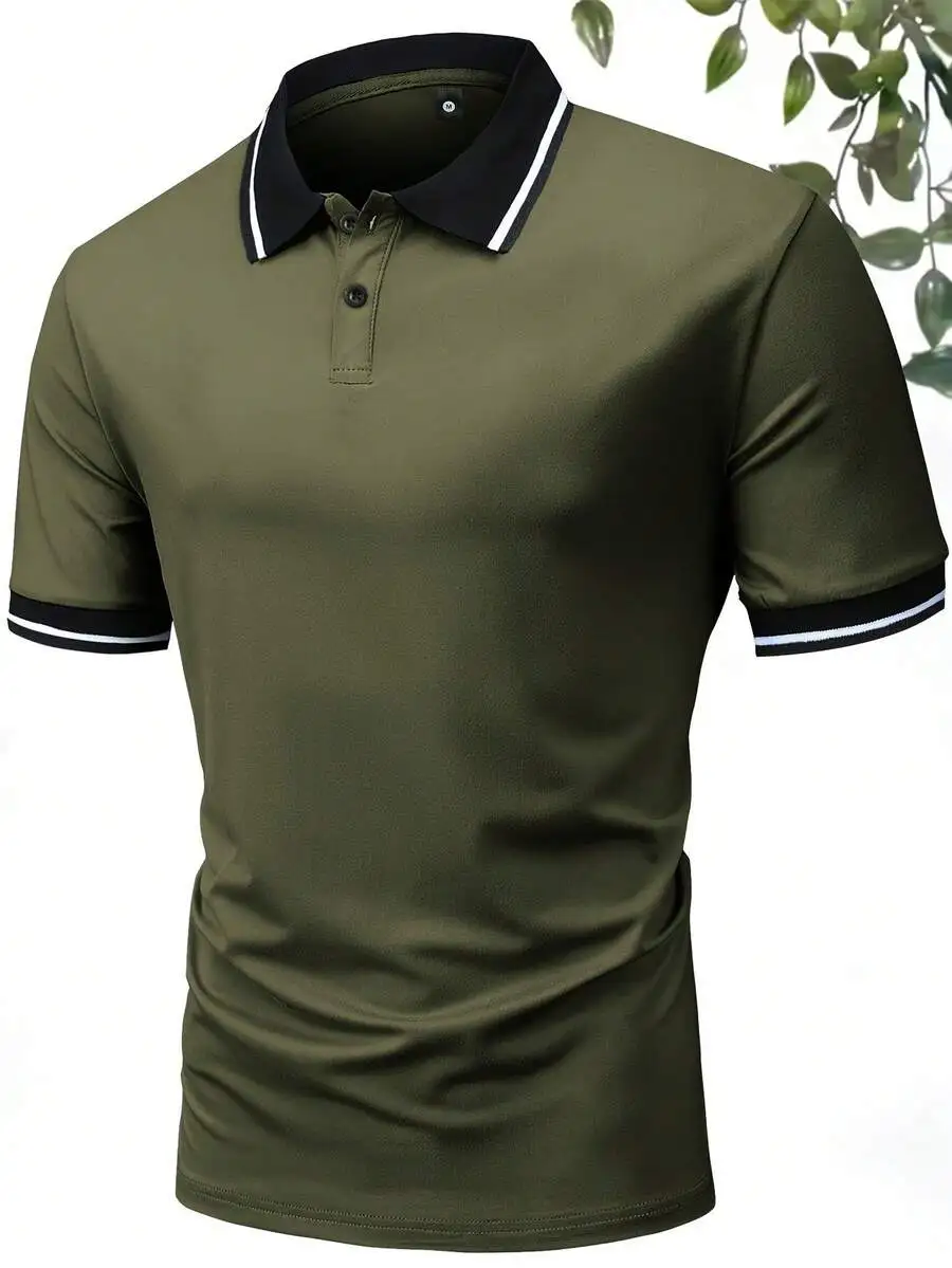 3pcs/Set Men's Summer New Solid Color Polo Shirts, Military Green/Light Grey/Black Regular Fit Short Sleeve Casual Business T-Sh view 2