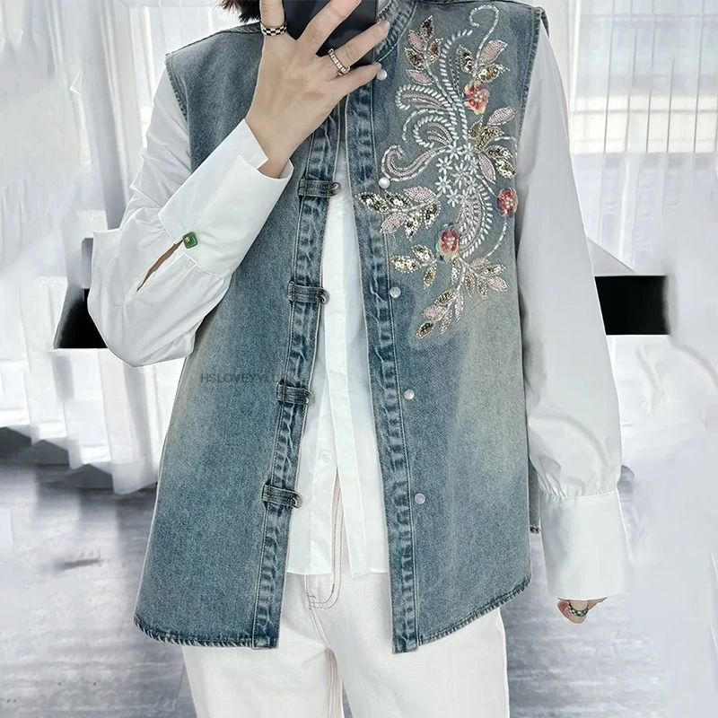 Autumn New Chinese Style Improve Fashion Waistcoat Sleeveless Cardigan Tang Suit Tops Women Loose Embroidery Daily Denim Vest