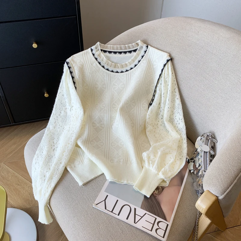 

Women's Apricot Pullover Sweater Women Harajuku Korean Patchwork Lace Long Sleeves O-Neck Sweaters 90s Vintage Y2k 2000s Clothes