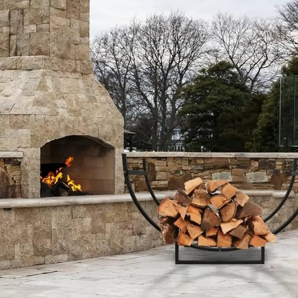 رف سجل فولاذي عالي التحمل منظم حطب متين مقاوم للصدأ مع أذرع منحنية وقاعدة مرتفعة للتخزين الداخلي/الخارجي باللون الأسود #6