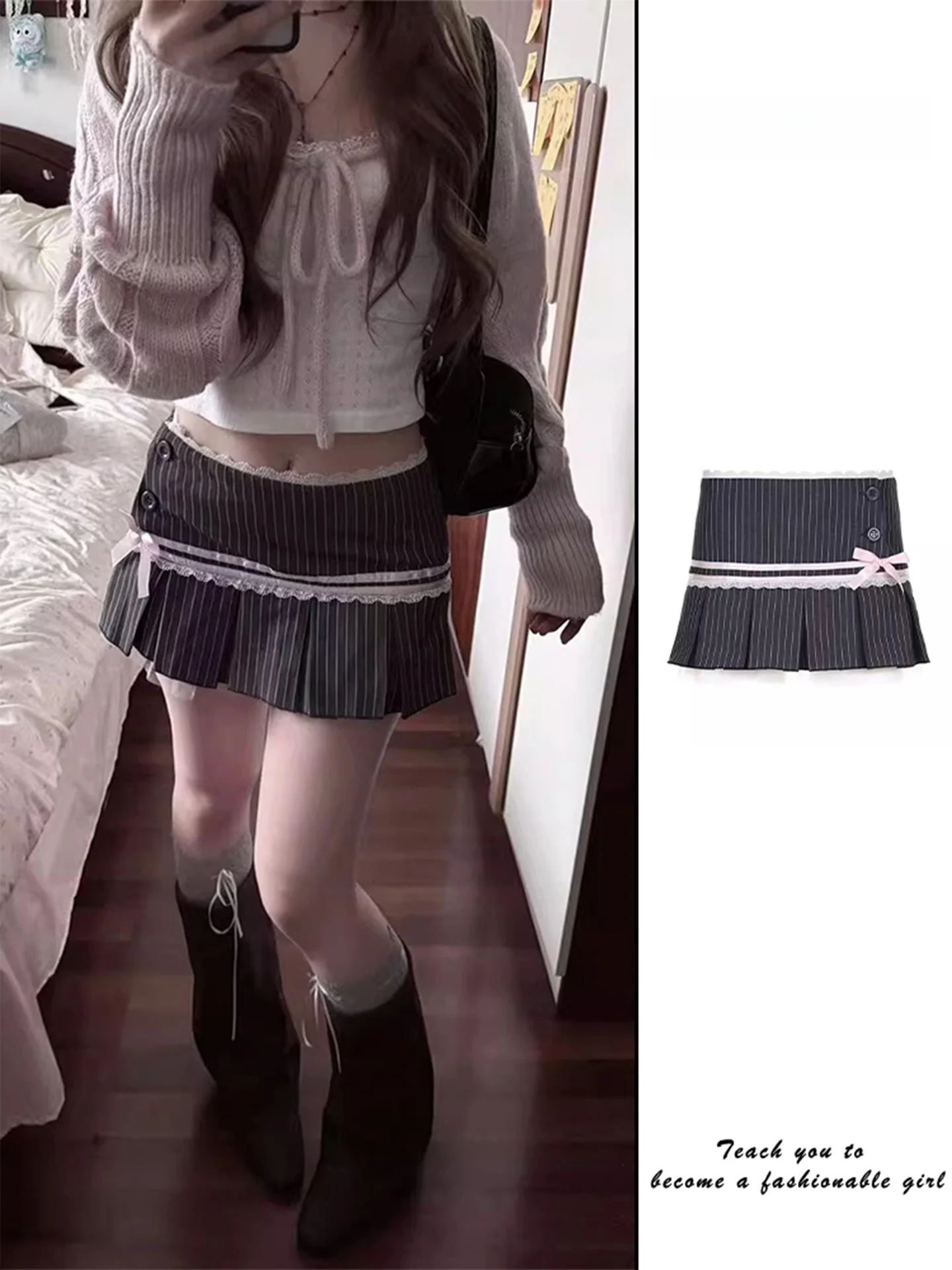 

Low Waist American College Style Skirt with Knot Lace Stripes Skirt for Women Spring Autumn Sweet And Spicy