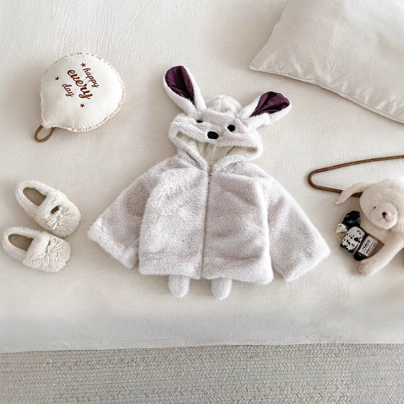 Toddler Kids 3D Rabbit Ear Hooded Jacket Boys Girls Fuzzy Plush Zip‑Up Coat Thick Warm Winter Cute Animal Outerwear