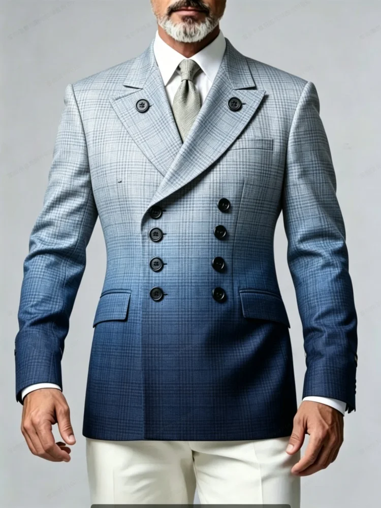 Mens Slim Fit Gradient Check Double Breasted Suit Jacket Modern Formal Outerwear