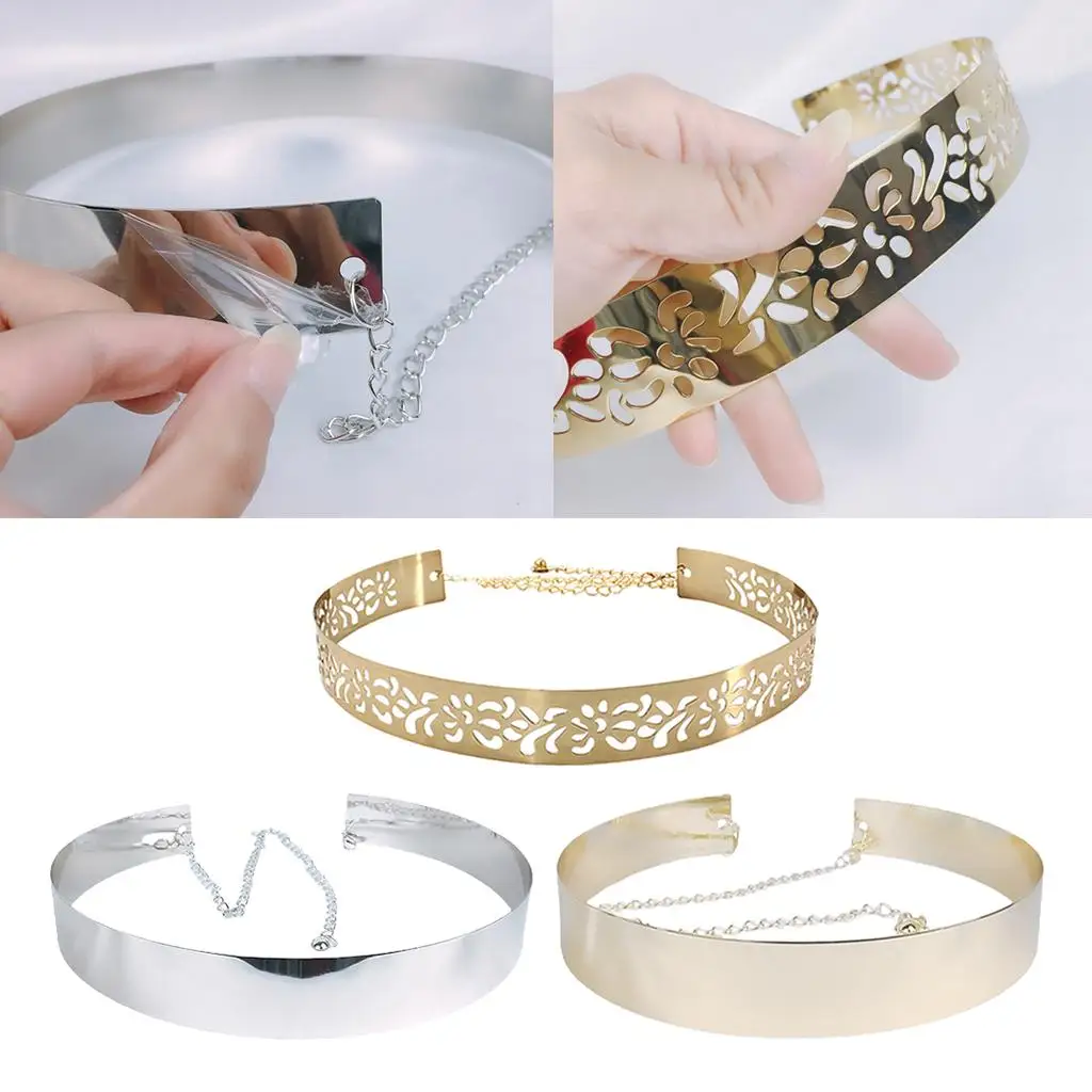 Women Metal Sleek Belt Mirror Plate Waistband Chain Dress Decorated Gold Silver