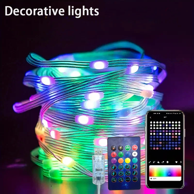 Luci intelligenti modificabili a LED RGB, telecomando Bluetooth, lucine impermeabili IC, luci per albero di Natale con porta USB WS281