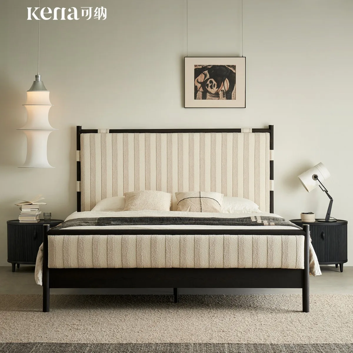 Kena Kona/Snow Crispy Oak Solid Wood Bed 1.8 Double Master Bedroom Queen Bed Tall Fabric Soft Bag Backrest Z