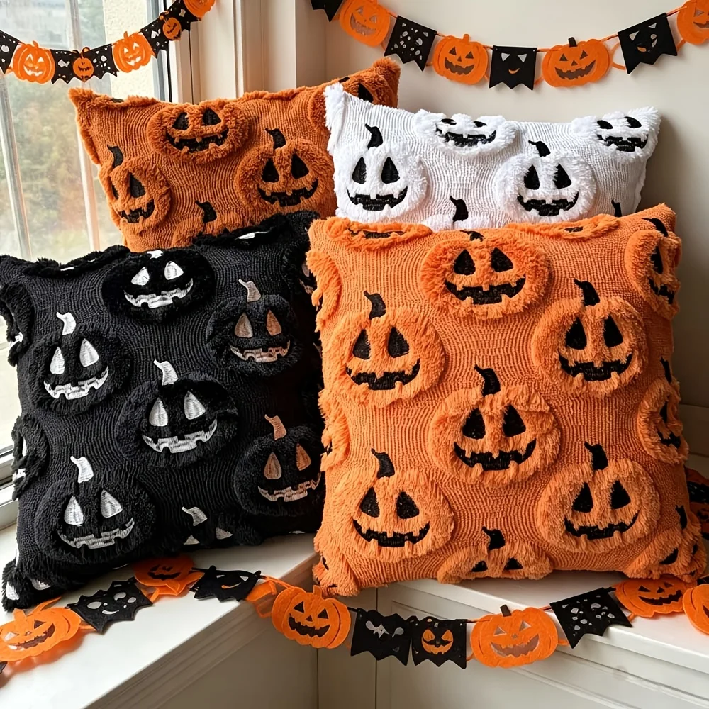 1/4pcs Halloween Pumpkin Decor Cushion - Whimsical 3D Jacquard Throw Pillow Cover, Soft Holiday Accent (Excluding pillow insert)
