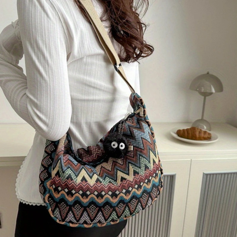 Stylish Foldable Canvas Shoulder Bag - Adjustable Strap, Stitched Embroidery, Spacious Interior - Perfect for Daily Use