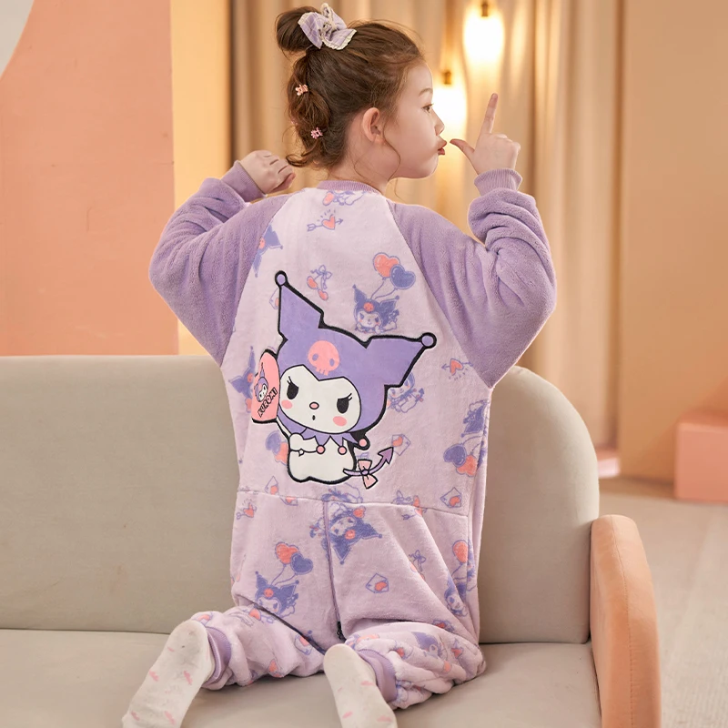 Sanrio pluszowy kombinezon dziecięcy piżama Kuromi Cartoon Melody Girl jesienno-zimowa Casual Anti-Kick ciepła odzież domowa śliczna bielizna nocna