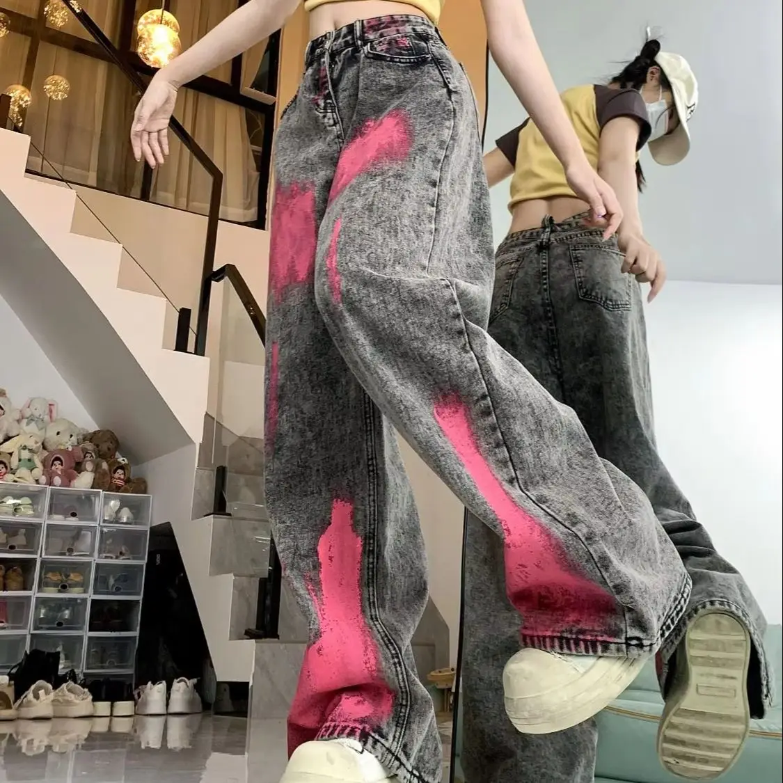 Graffiti Design Jeans American High Street Personality Retro Wide-Leg Pants Women Hip-Hop Loose Fall Dare Mop The Floor Trousers