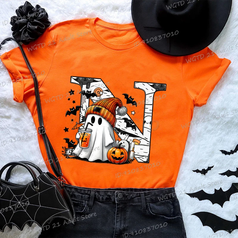 تي شيرت عتيق بأبجدية شبح الهالوين بو تي شيرت جرافيك هاراجوكو ملابس الشارع بأكمام قصيرة تي شيرت نسائي ملابس هدايا الهالوين #1