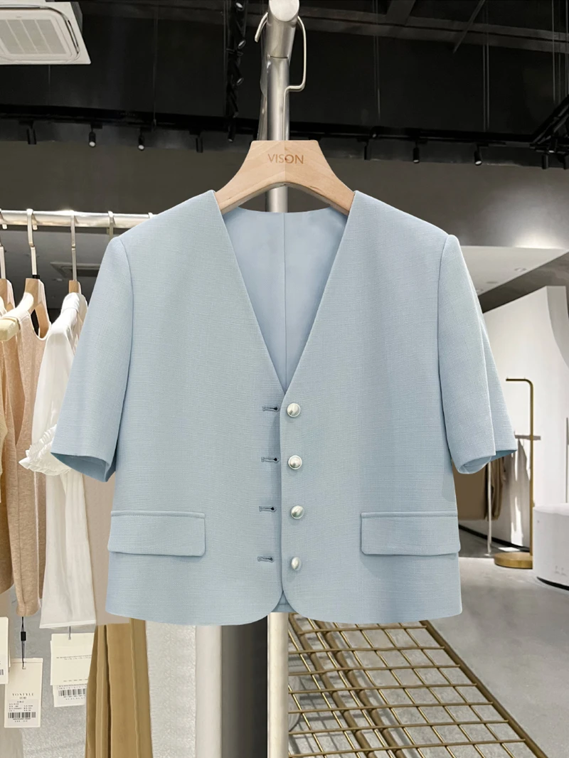 

Black Blazer Lady 2023 Summer Korean Single-breasted Cropped Jacket Elegant Fashion Short Sleeve Beige Jacket Casual Jacket Blue