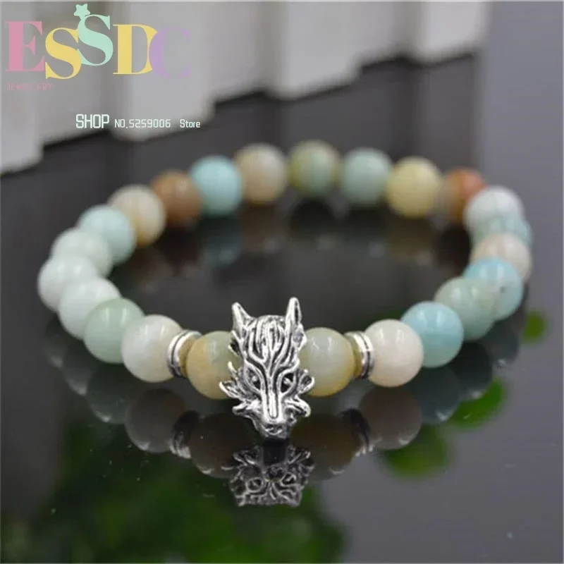 8mm Natural Polished Amazonite Beads  Elastic One Circle Energy Stone Bracelet with Alloy Wolf Head Men's Wrist Jewelry