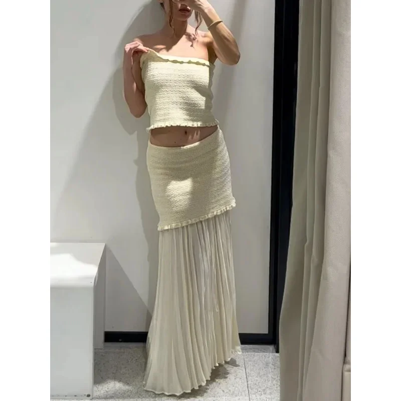Summer Sexy Chic Women's Commuter Suit Sleeveless Knitted Tube Top Long Straight Skirt Fashionable Tight Ensemble for Ladies
