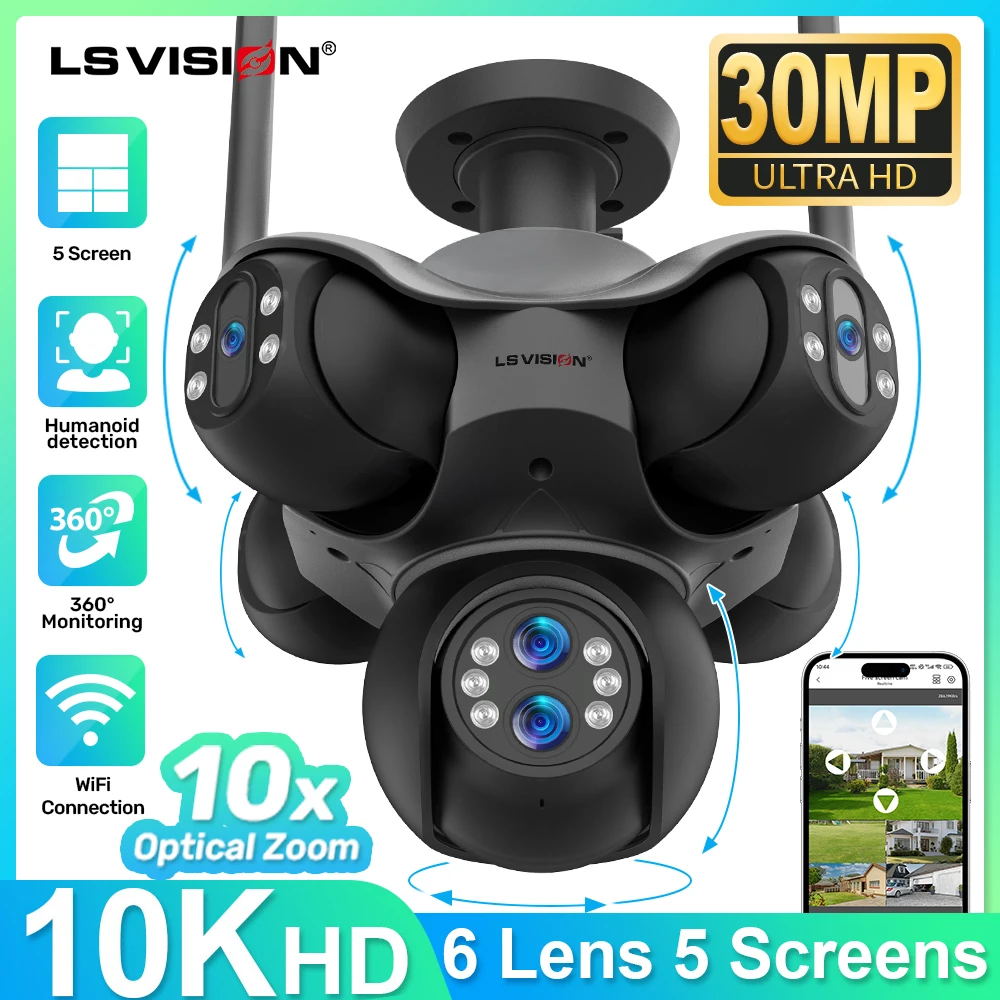 LS VISION 5-Screens Panoramic Wifi Security Camera Outdoor Home Surveillance Mounting 5 PTZ 6 Lens 10X Optical Zoom Cctv Cameras