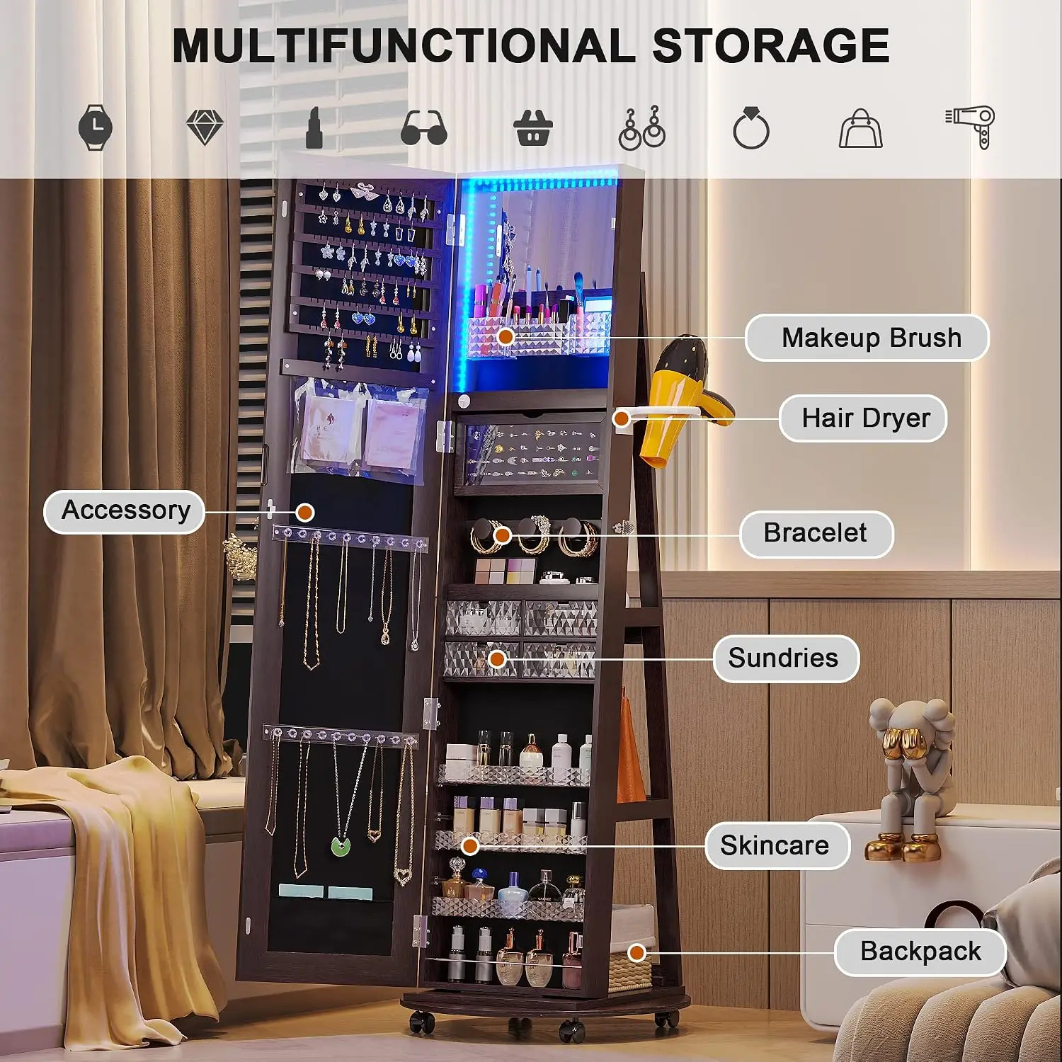 Swivel Jewelry Armoire with Mirror & LED Light, Full Length Storage Organizer with Lockable Wheels & Foldable Shelf, Customized