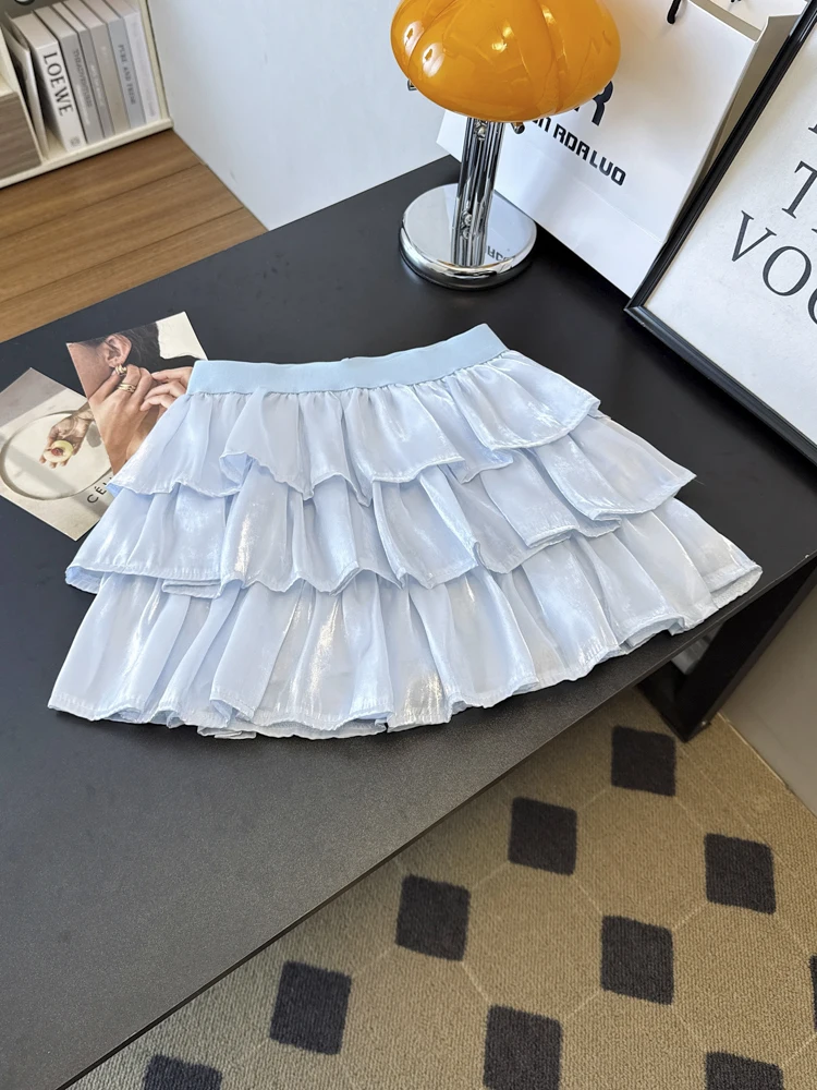 เค้กสีชมพูหวานกระโปรงผู้หญิง 2025 ฤดูร้อนเอวสูง A-Line กระโปรงมินิ Kawaii Layered Ruffles Elastic เอว Lolita Y2K กางเกง