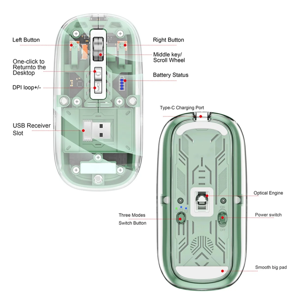POP-lTransparent Magnetic Triple Mode Bluetooth-kompatible 2,4G Wireless Mouse One-Click Desktop Typ-C