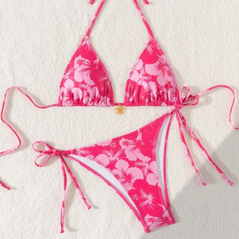 

Sexy 2Pcs Bikinis Set Women Bandage Swimsuit Spaghetti Strap Adjustable Underwear Metal Fiower Pendant Thongs Female Swimwear