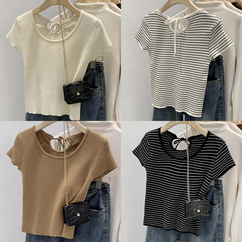 

Шикарный вязаный топ с короткими рукавами, женская летняя модная футболка с талией Cardi, пуловер с круглым вырезом в корейском стиле, полиэфирное волокно