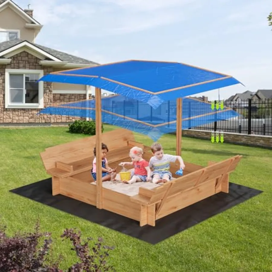 Outdoor kids sand box for backyard garden, solid fir wood, natural wood color, with adjustable canopy and 2 foldable bench seat