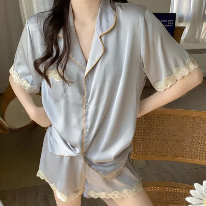 Cotton Short Sleeve Shorts Floral Print Woman Satin Pajama Sets Ensembles 2 Piece Lady Outfit Lounge Women Pijama Sleepwear Pj