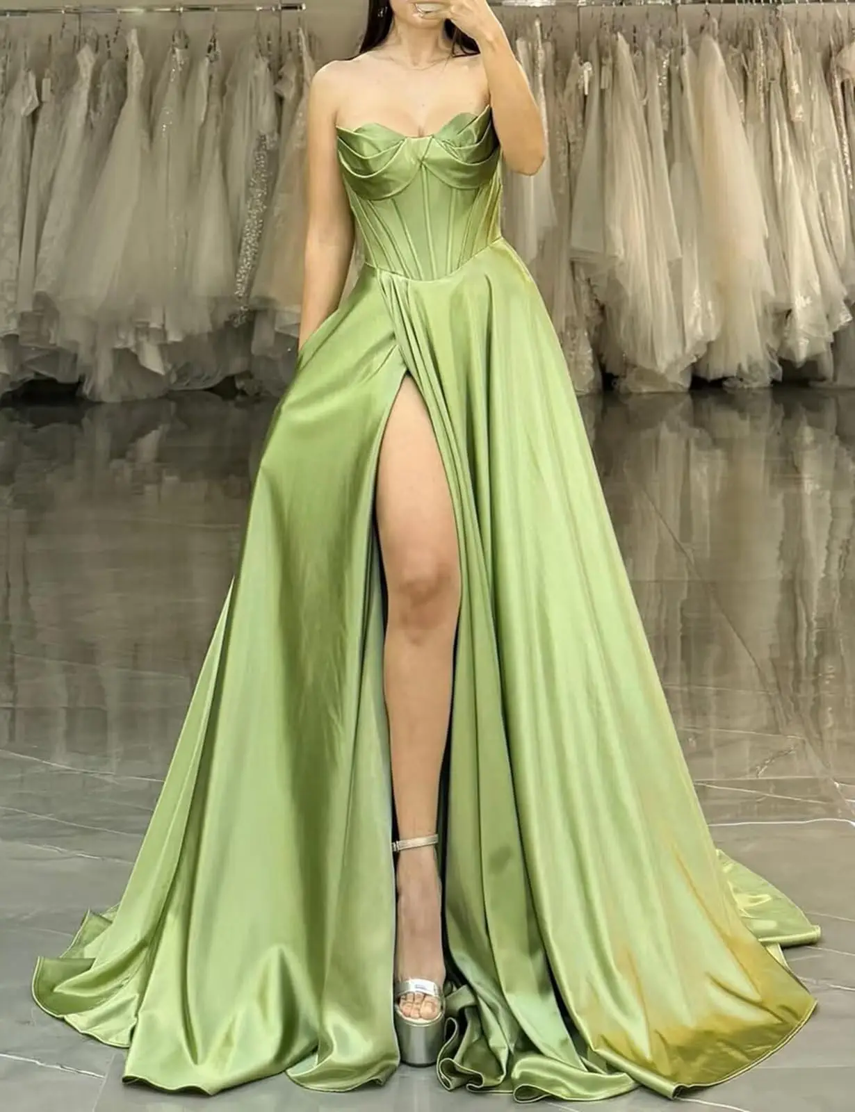 

Satin Prom Dresses for Women Long Corset Strapless Slit Formal Evening Gowns