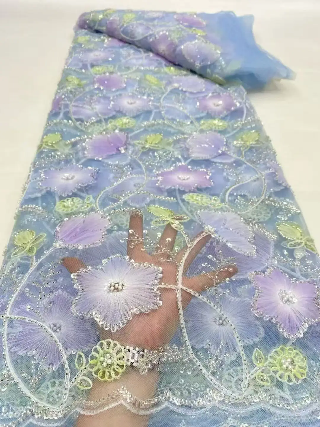 

African Nigerian 2026 High-Quality Tulle Lace Fabric Sequins Embroidery French Sewing Wedding Party Dress Beaded 5Yards