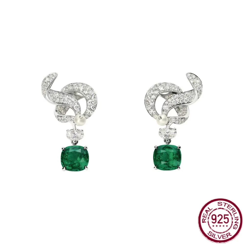 

New S925 pure silver silver gold-plated green pillow shaped high-end jewelry banquet jewelry girl earrings wedding jewelry