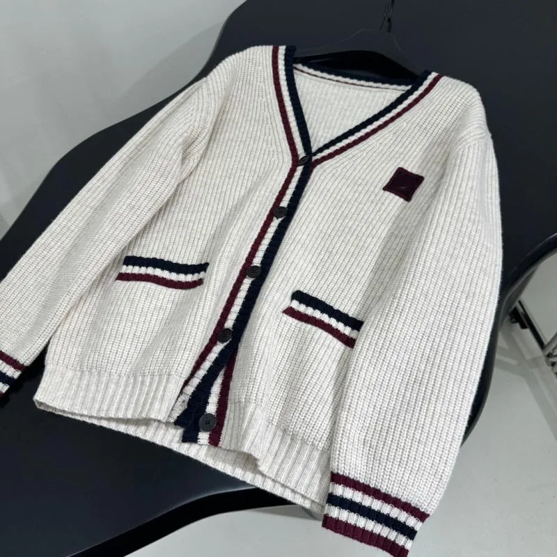 Lazy women\'s sweater fashionable loose casual contrasting color striped edge long sleeved knitted cardigan mid length