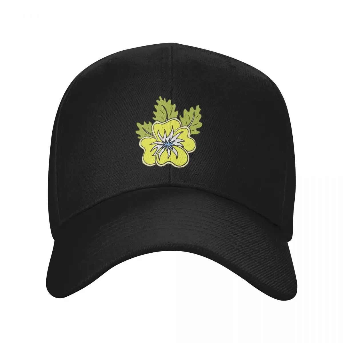 Casquette baseball jaune joyeux, fleur pensée sauvage, illustration dessin animé, chapeau plage, pêche, canadisme, g