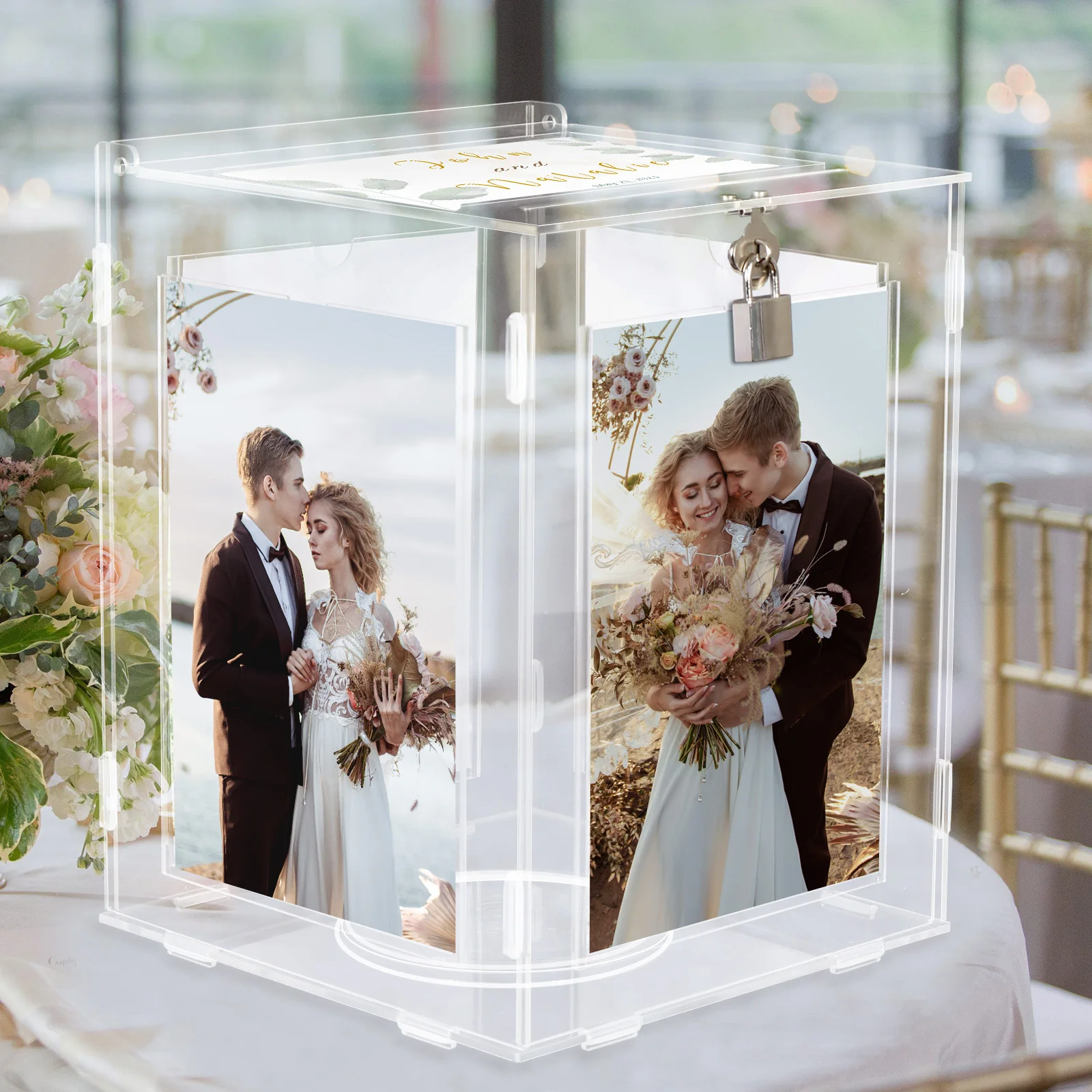 Acrylic Wedding Card Box with Picture Frame for Wedding Reception Clear Gift Card Box Rotatable Money Envelope Card Box Holder