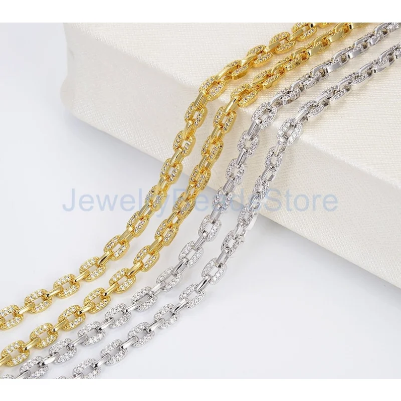 Pave CZ Zircon 5x6mm Rectangle Link Chain, Gold/Siver Color Unfinished Brass Chains for Fashion Jewelry Necklace/Bracelet Making