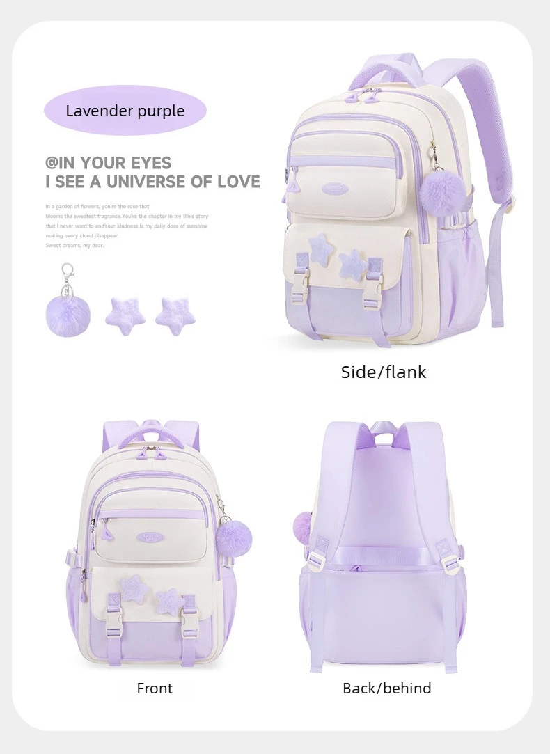 Primary Middle School Backpack for Girls Cute Backpack for School Pink School Bag for Teen Girls with Star Pins Furry Pendant