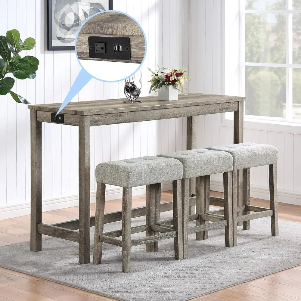 

Комплект из 4 предметов: барный стол с розеткой, обеденные стулья, промышленный стол для завтрака, мягкие табуреты — подходит для гостиной, столовой.